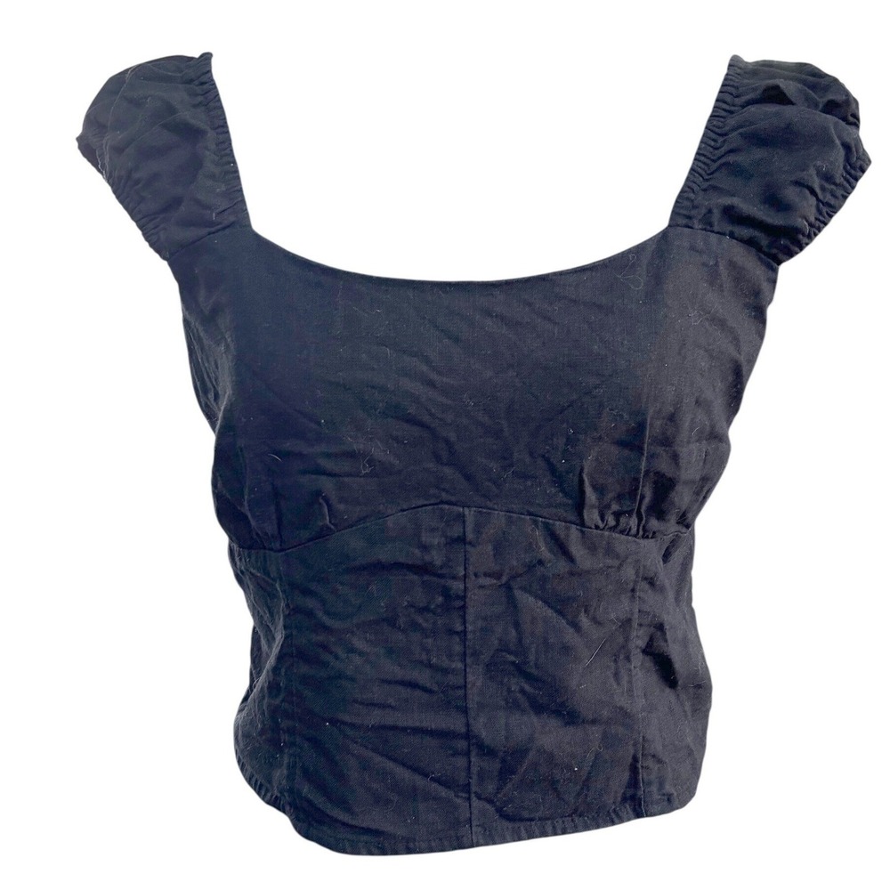 Abercrombie & Fitch Wms Smocked Cap Sleeve Fitted Crop Top Black Linen Blend M